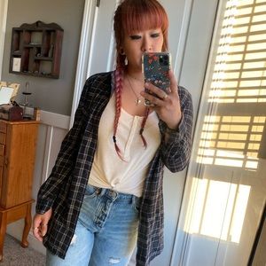 • dark blue plaid flannel